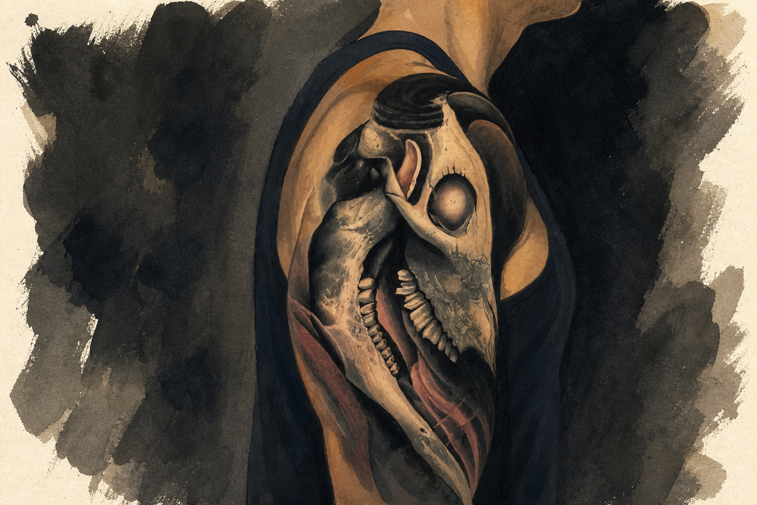 An AI-generated ink-and-gouache editorial illustration of an anonymous right shoulder carrying a forward-horned bull-skull tattoo.