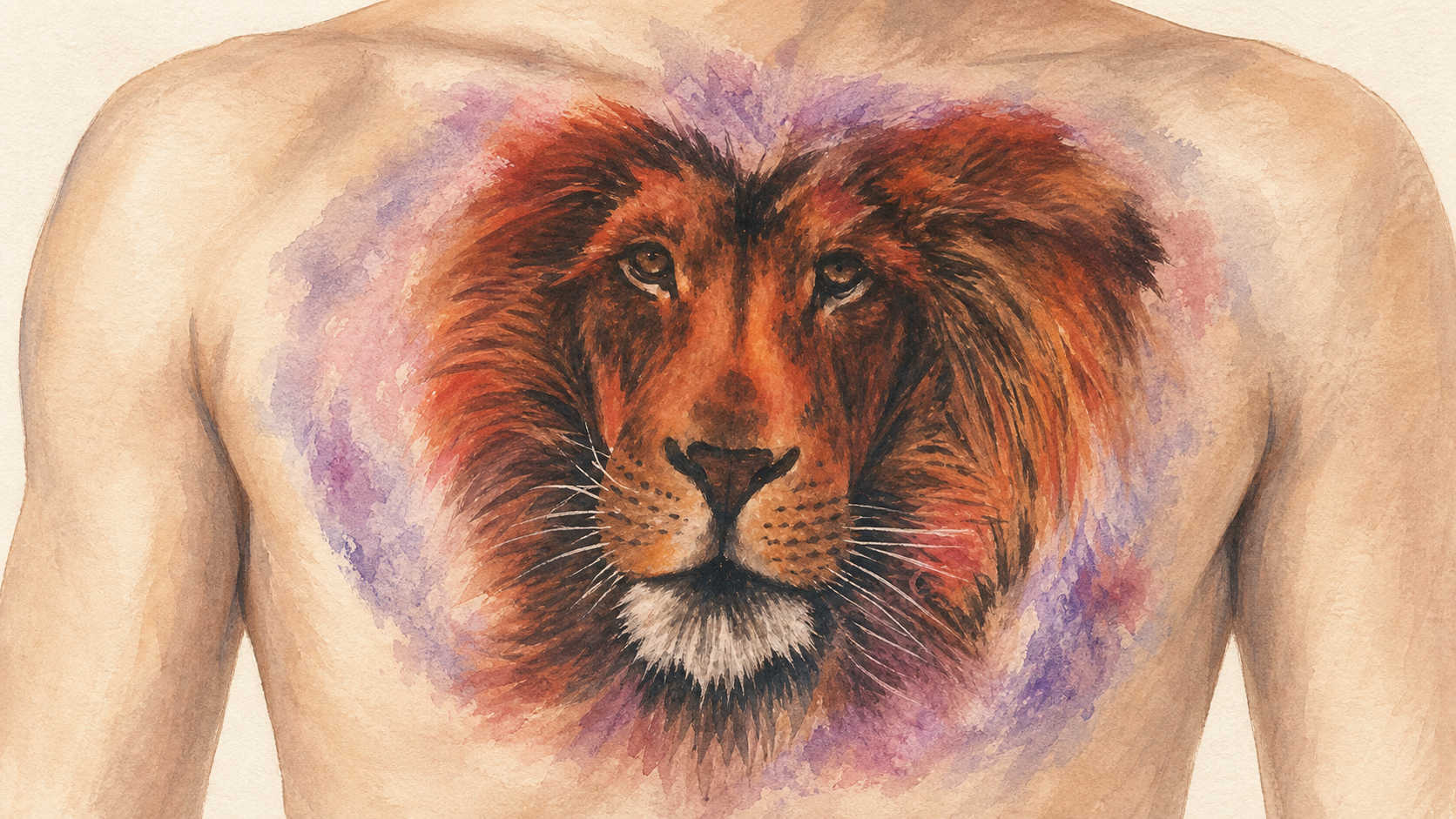 An AI-generated watercolor editorial illustration of a red-orange lion head spanning an anonymous chest.