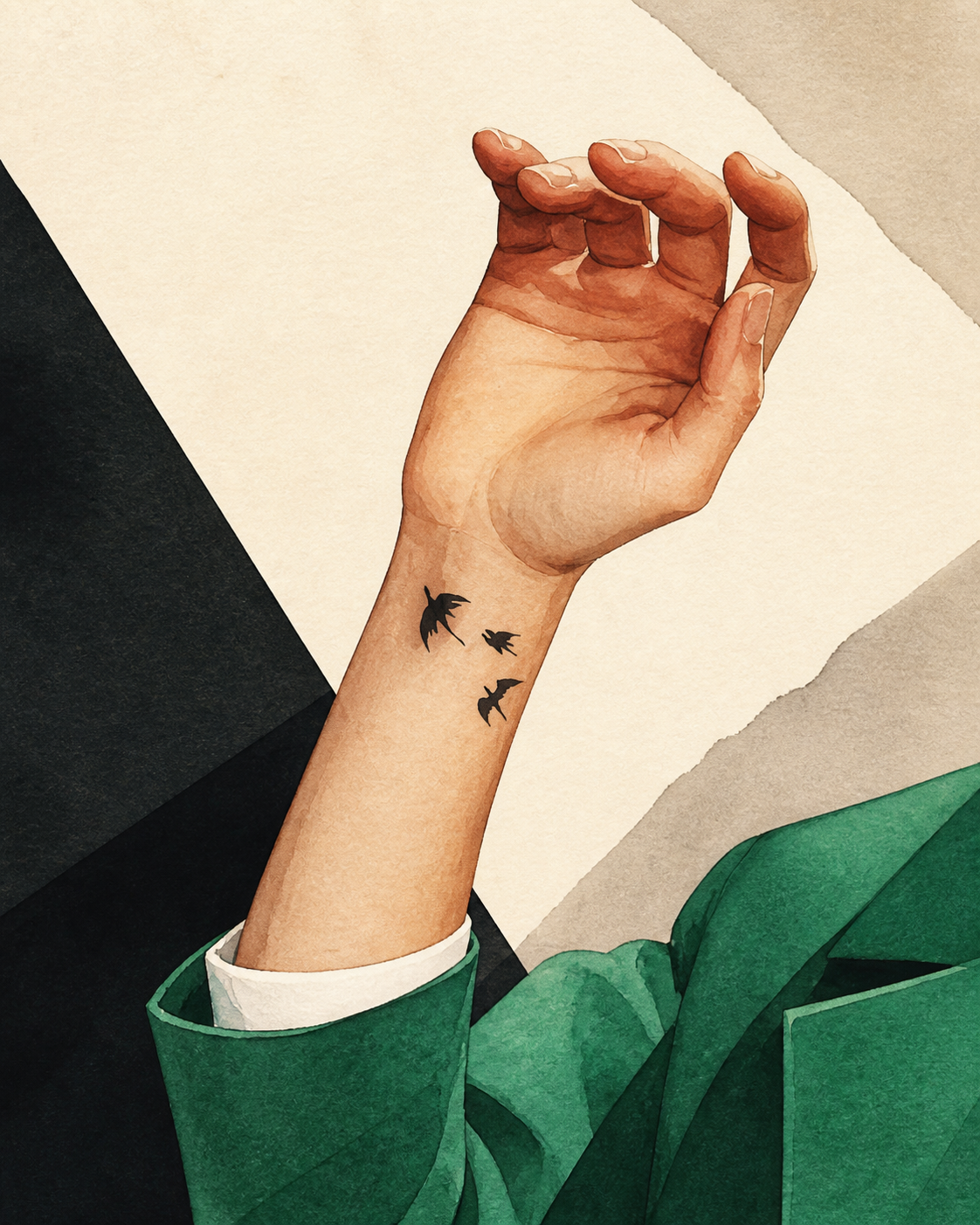 An AI-generated editorial illustration of an anonymous raised wrist with three small flying-dragon tattoos above a green blazer cuff.