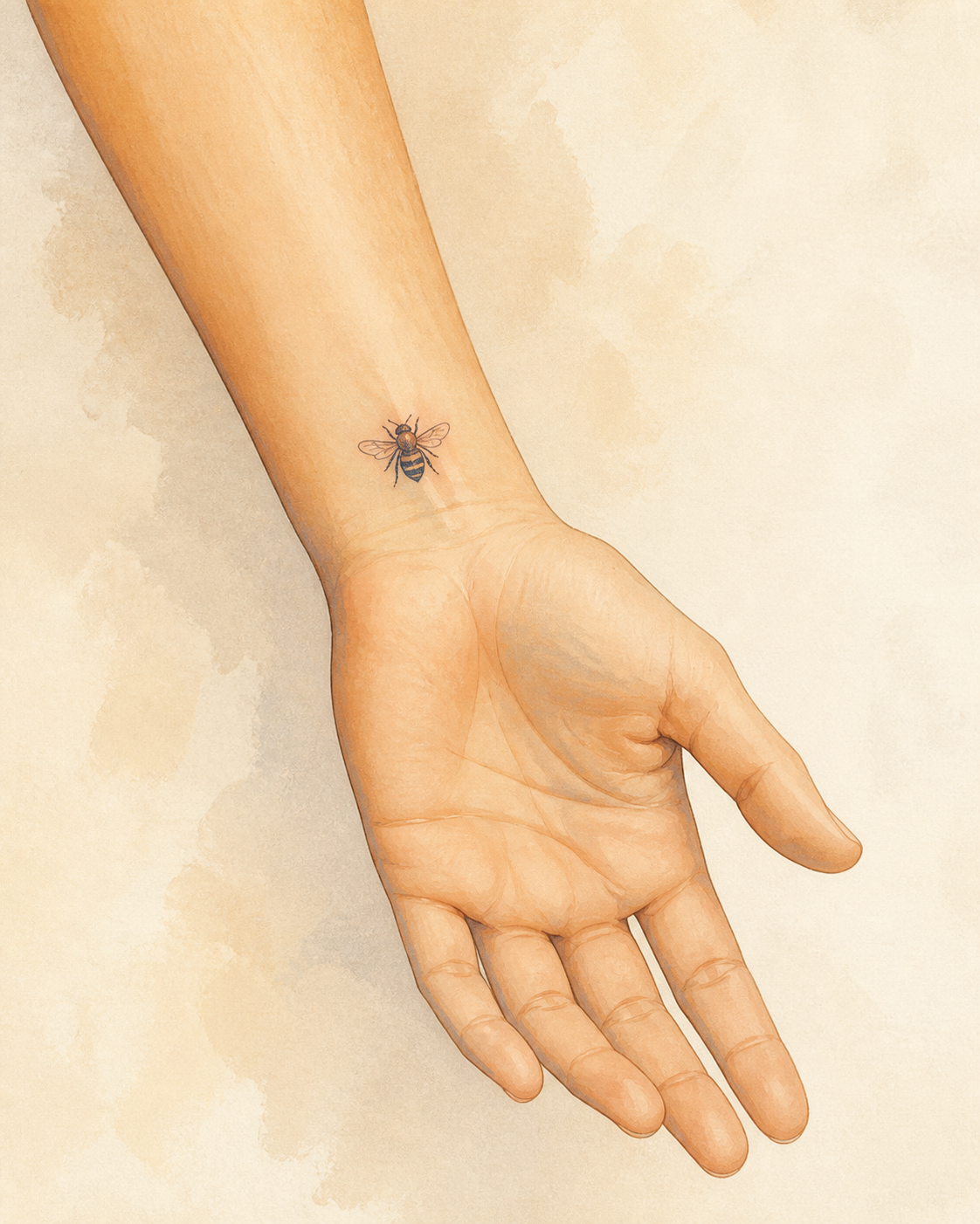 An AI-generated editorial illustration of an anonymous open hand with a small fine-line bee on the inner wrist.