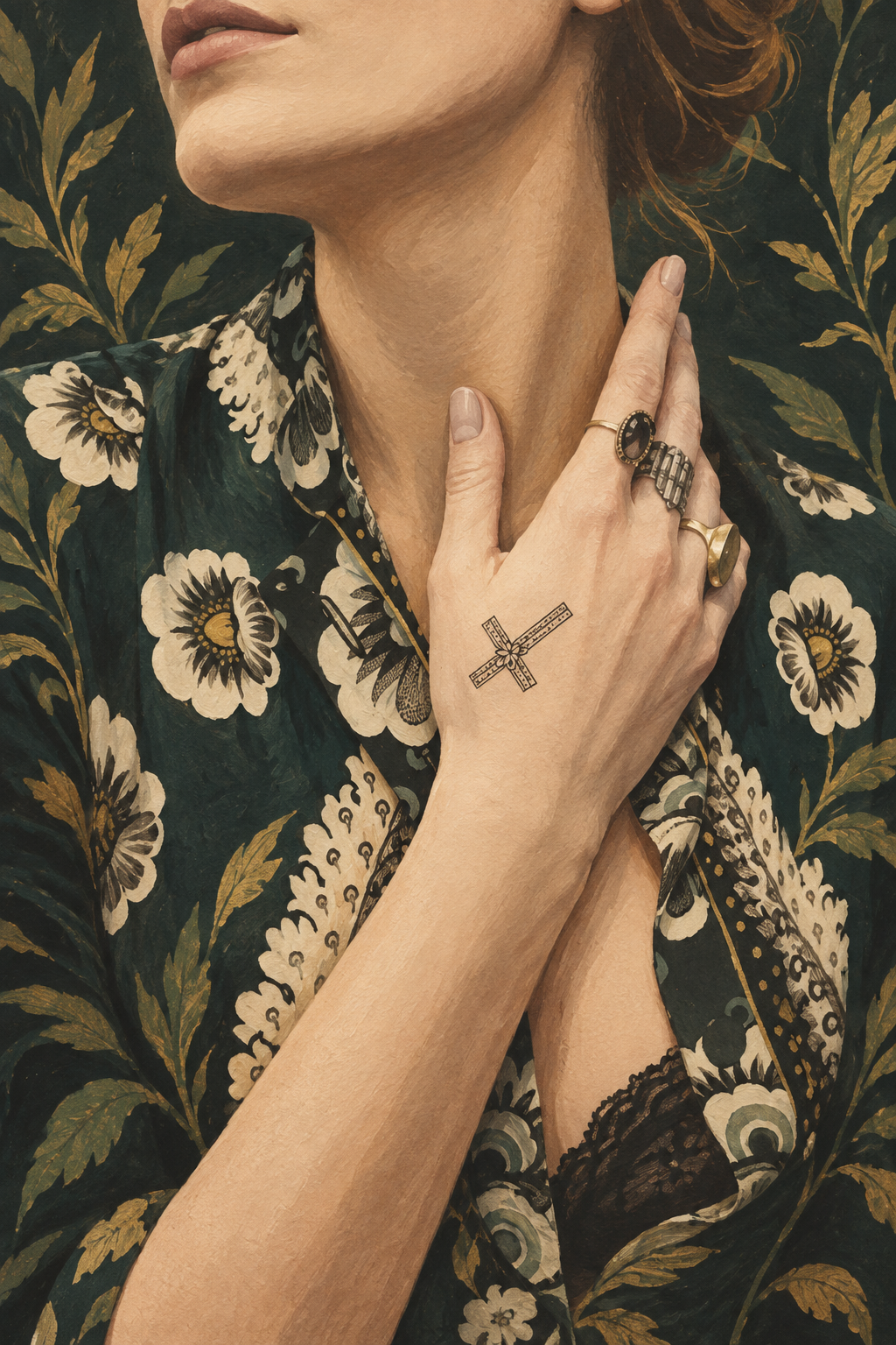 AI-generated editorial illustration of an anonymous person's hand bearing a small ornate cross near the neck.