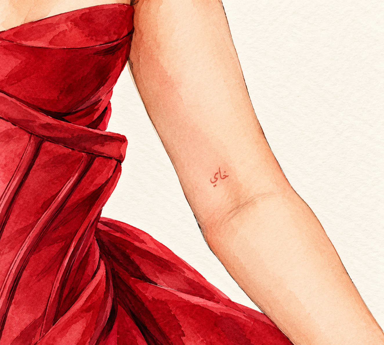 AI-generated watercolor illustration of a right arm in a red garment with a small red script tattoo near the inner elbow.