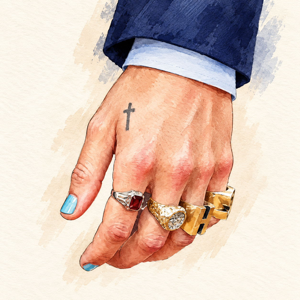 AI-generated watercolor illustration of a left hand with a small black cross between the thumb and index finger.