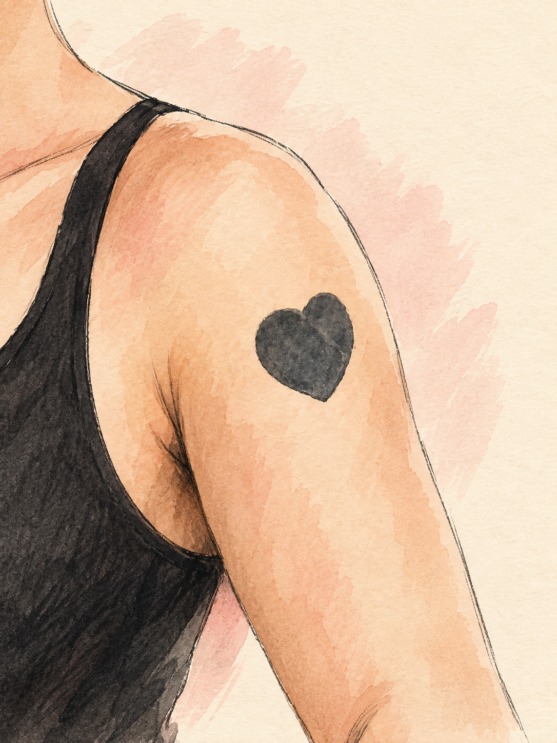 AI-generated watercolor illustration of a filled black heart on an anonymous left upper arm.