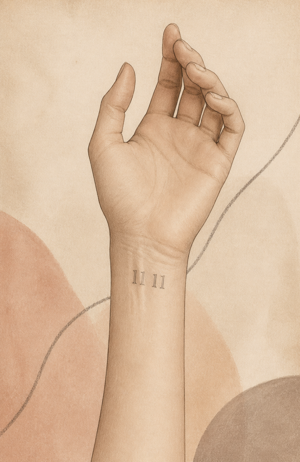 An AI-generated editorial illustration of an anonymous raised inner wrist with four fine-line 11 11 numerals.
