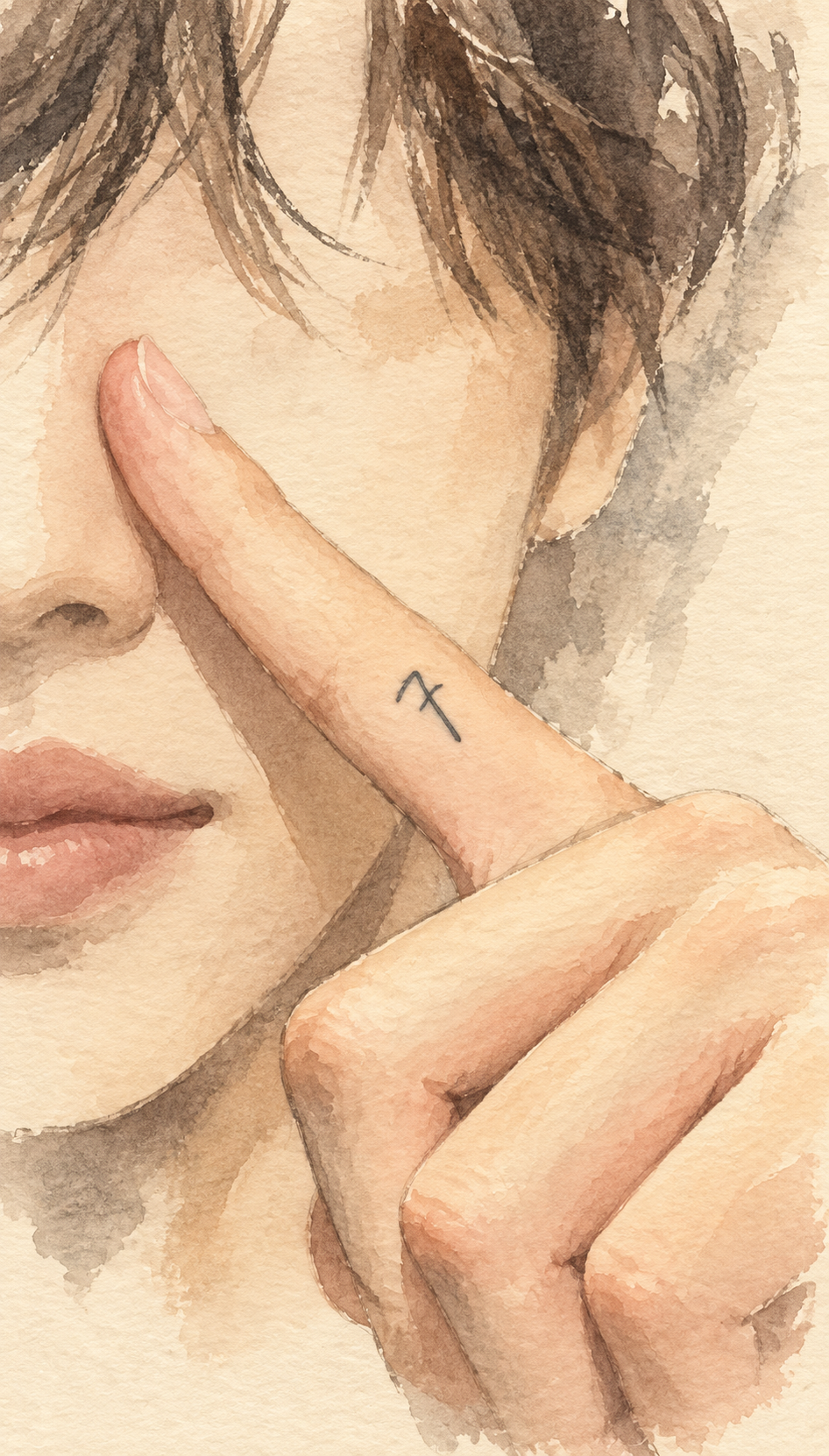 AI-generated watercolor illustration of a raised index finger with a tiny black seven on its side.