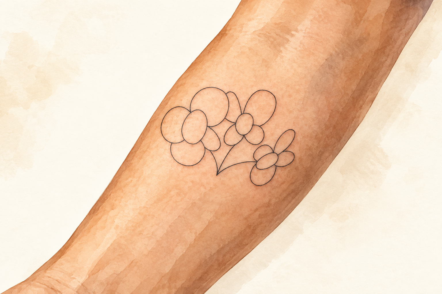 AI-generated watercolor illustration of three linked outline flowers on an anonymous inner forearm.