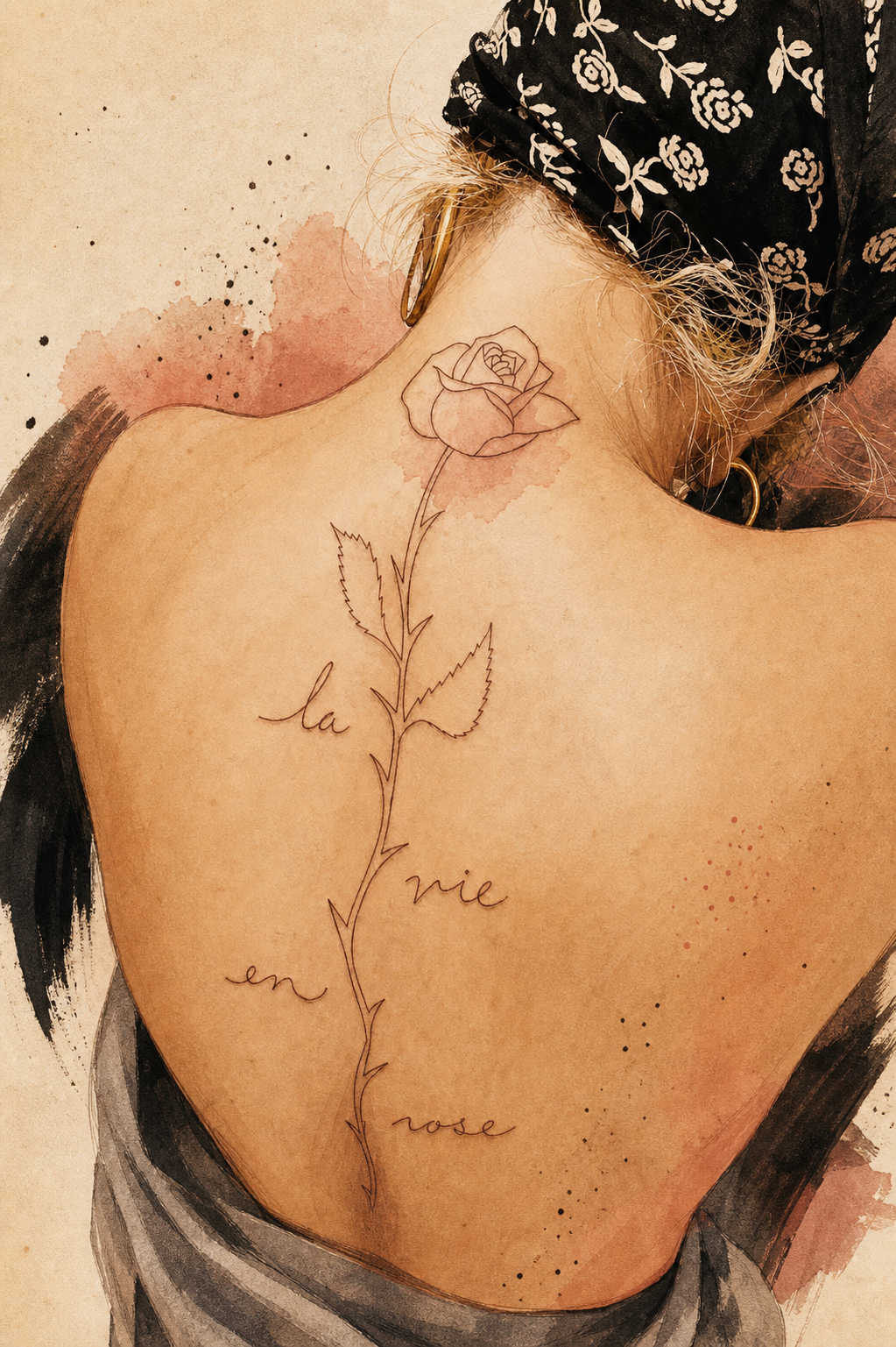 An AI-generated mixed-media editorial illustration of an anonymous back with a long fine-line rose and script tattoo.