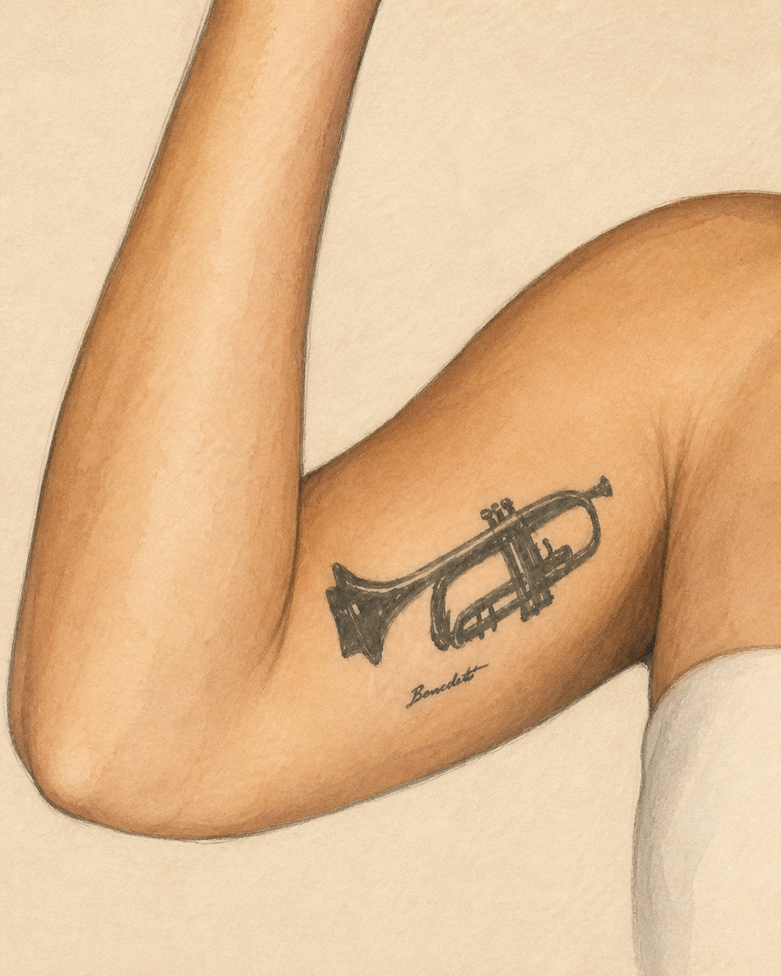 An AI-generated editorial illustration of an anonymous raised arm with a black hand-drawn trumpet tattoo on the inner upper arm.