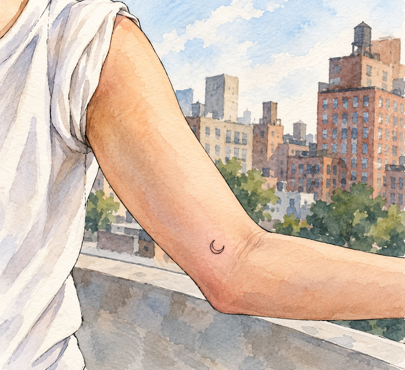 AI-generated watercolor illustration of a bent arm with a small outlined crescent near the inner elbow.