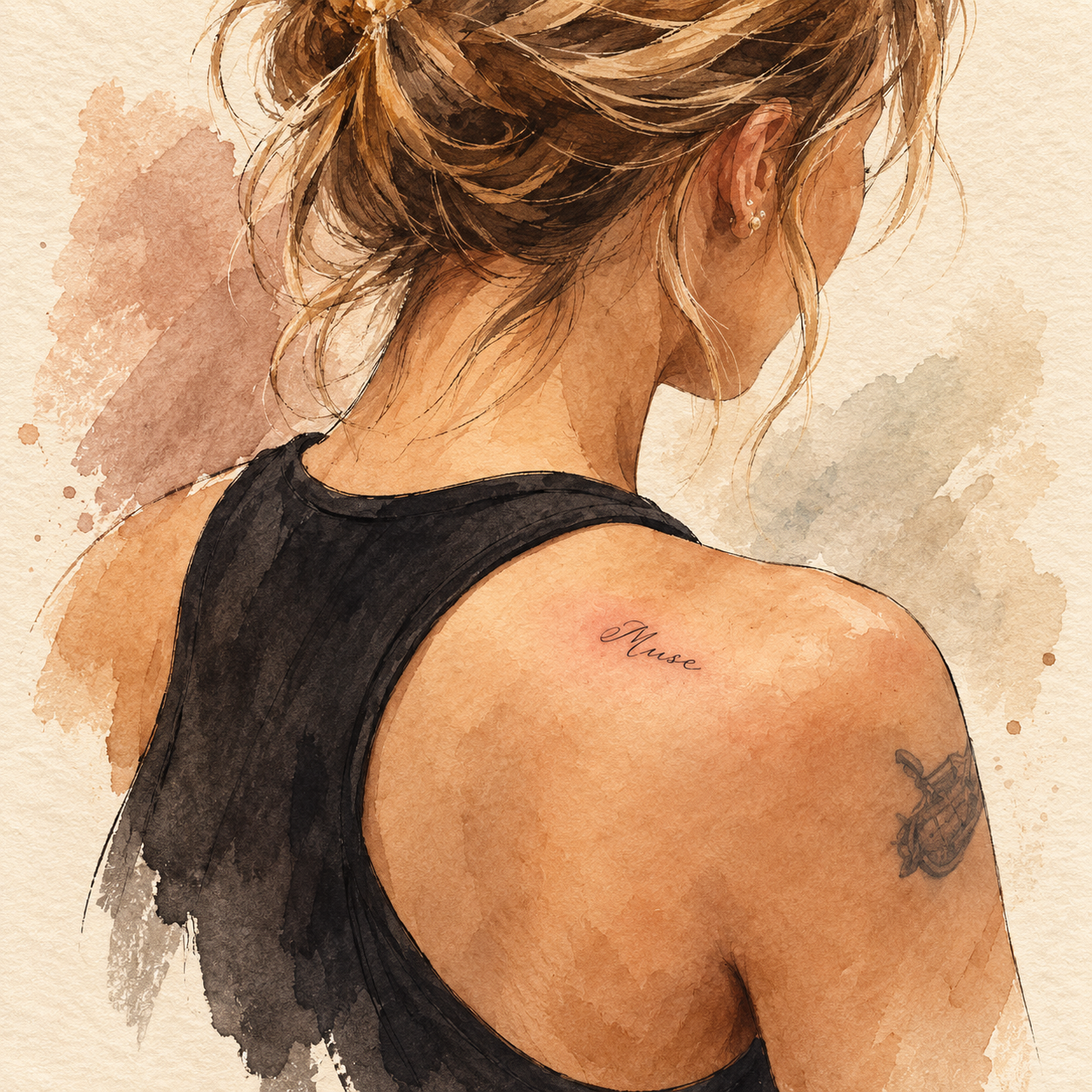 AI-generated watercolor illustration of a right shoulder with a small Muse script tattoo.