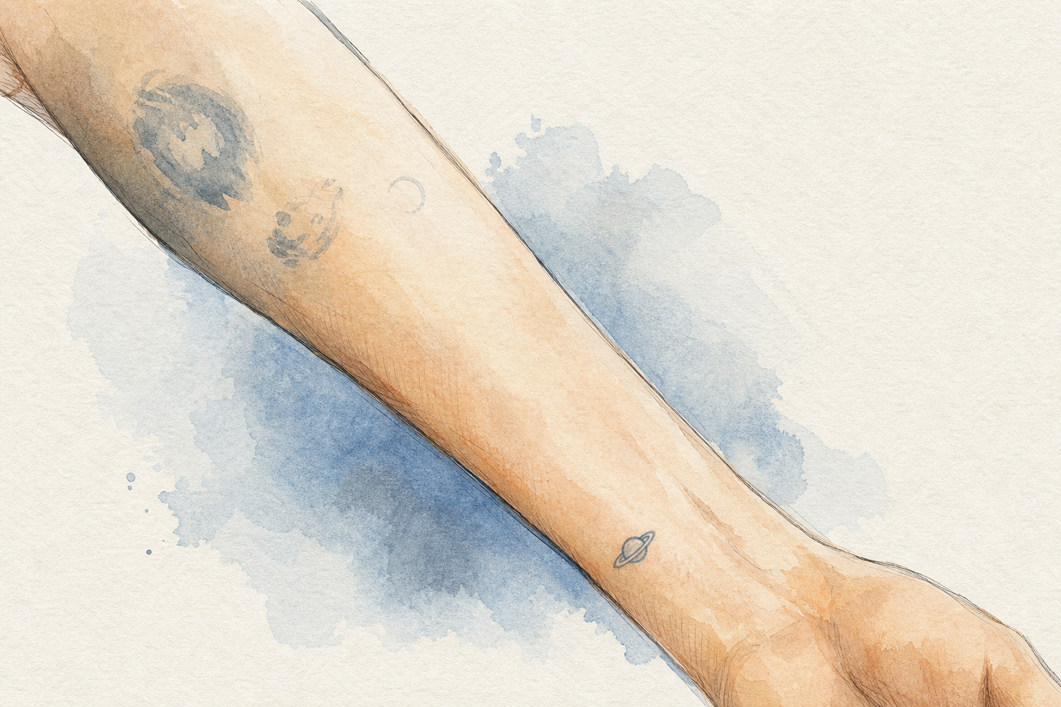 An AI-generated watercolor editorial illustration of an anonymous forearm with a small blue-grey ringed-planet tattoo.