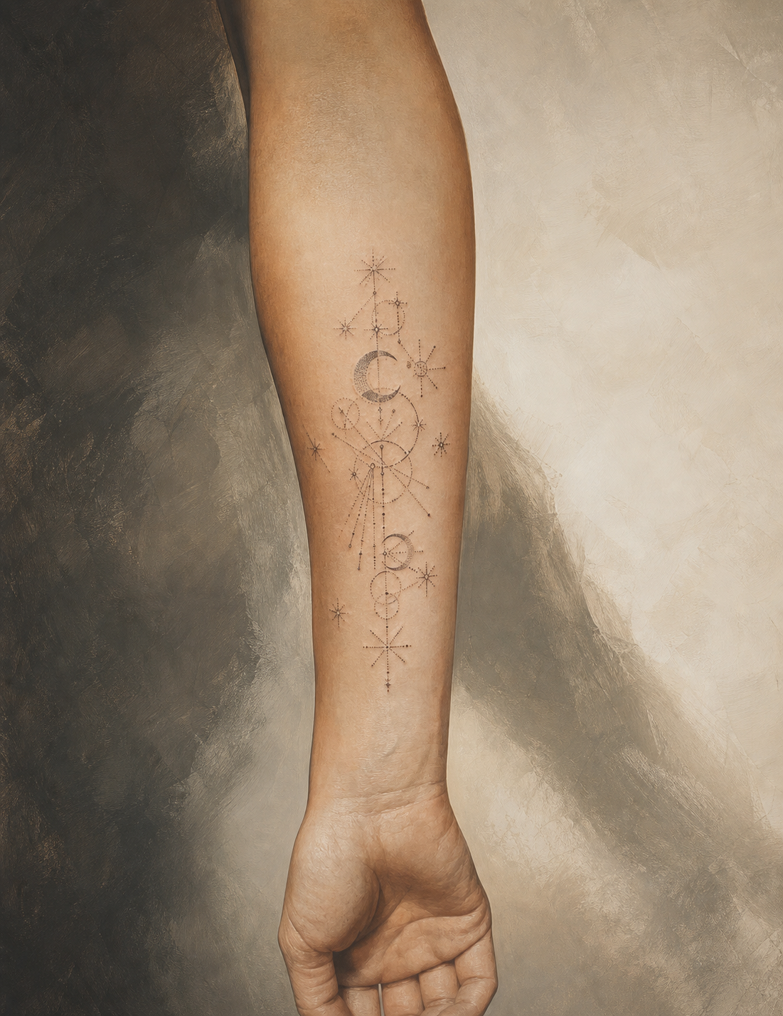 An AI-generated editorial illustration of an anonymous inner forearm with a long fine-line celestial tattoo.