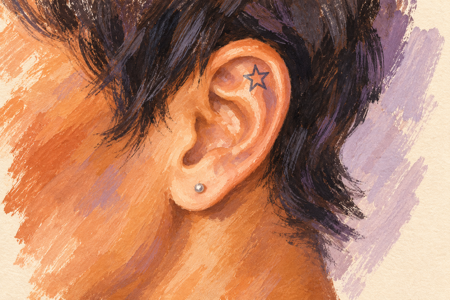 Painterly illustration of an anonymous adult’s left ear with a small hollow star inside its upper curve.