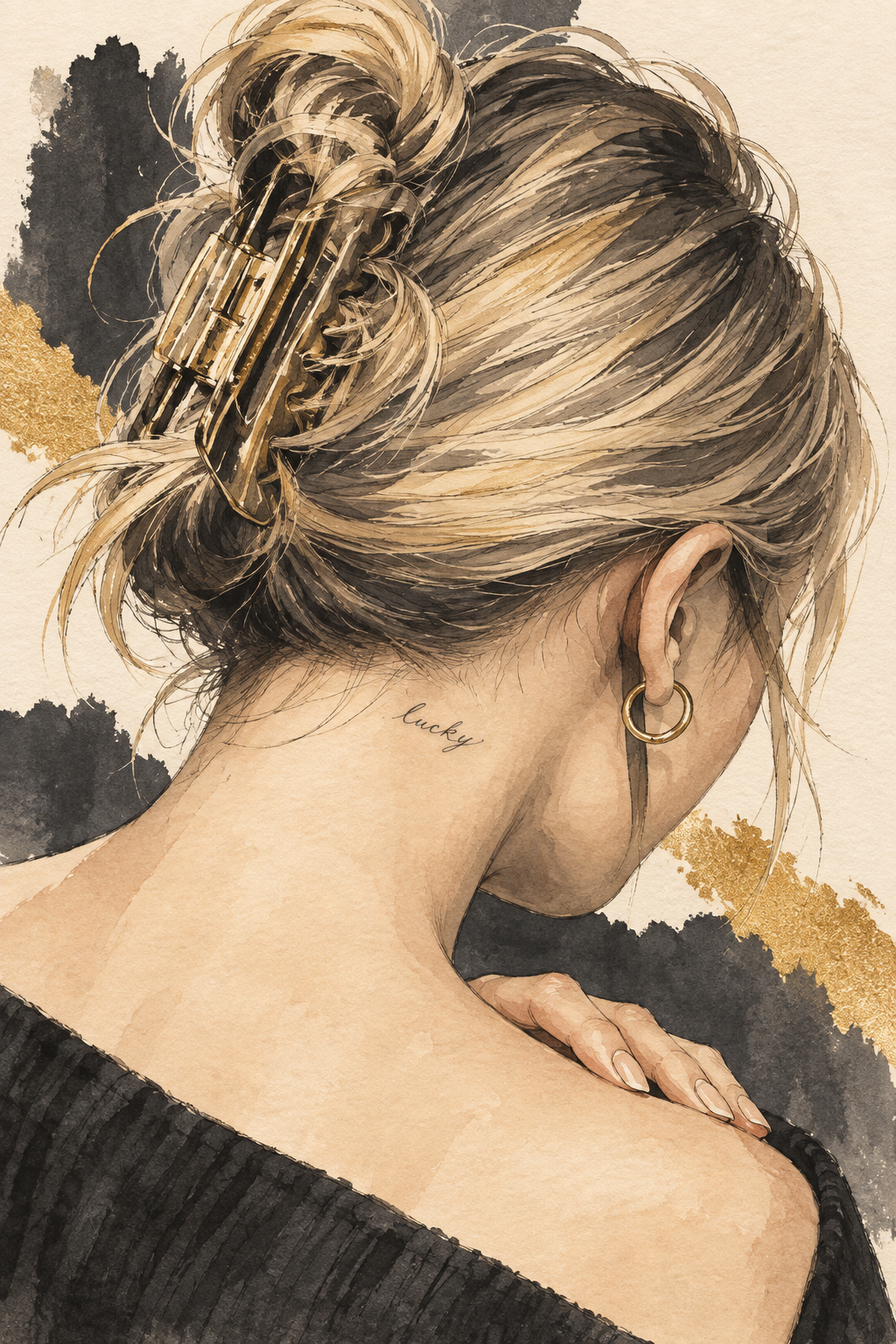 Editorial watercolor illustration of a pinned-up hairstyle and small cursive lucky tattoo behind the right ear.
