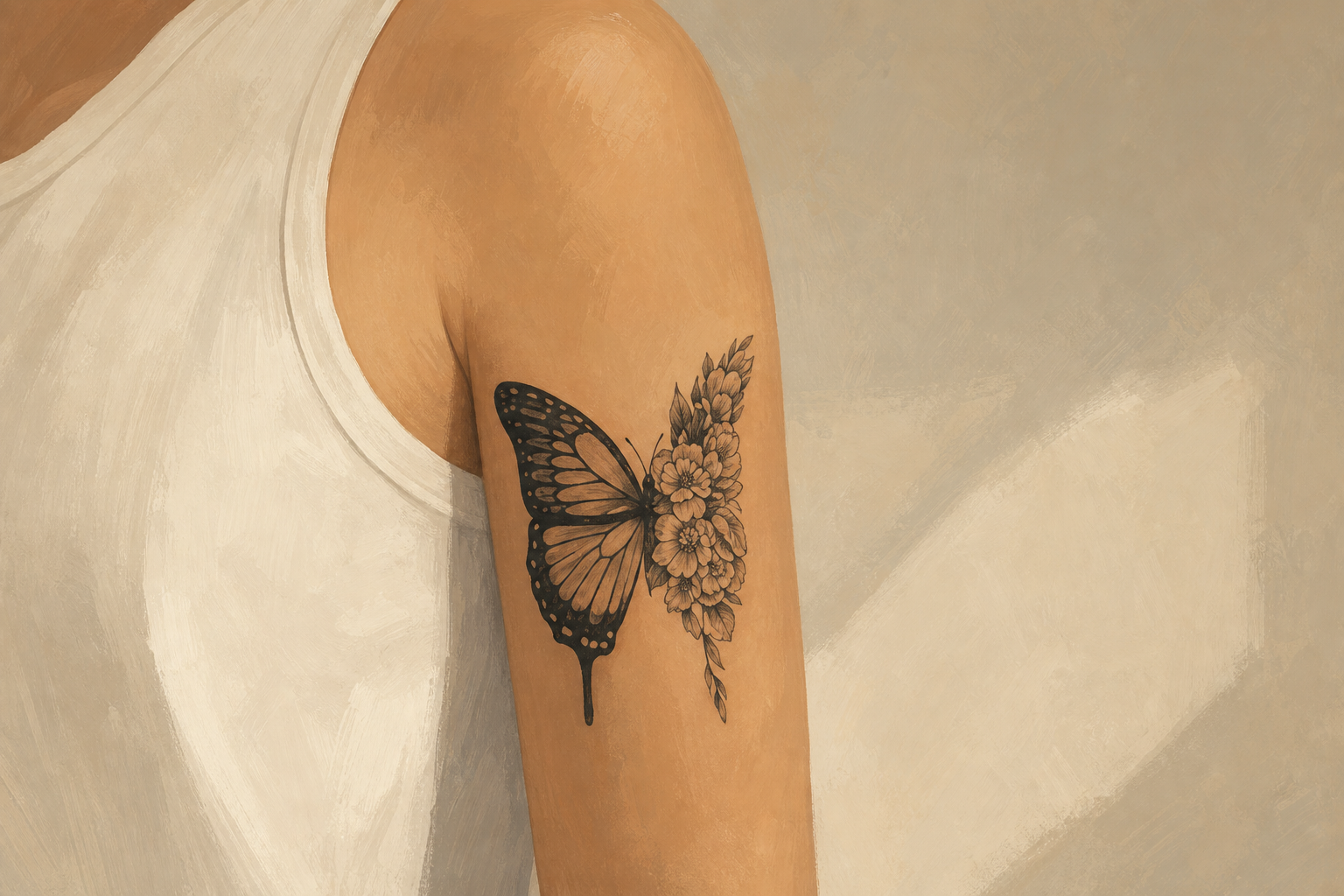 An AI-generated editorial illustration of an anonymous upper arm with a black butterfly tattoo whose right wing is formed by flowers.