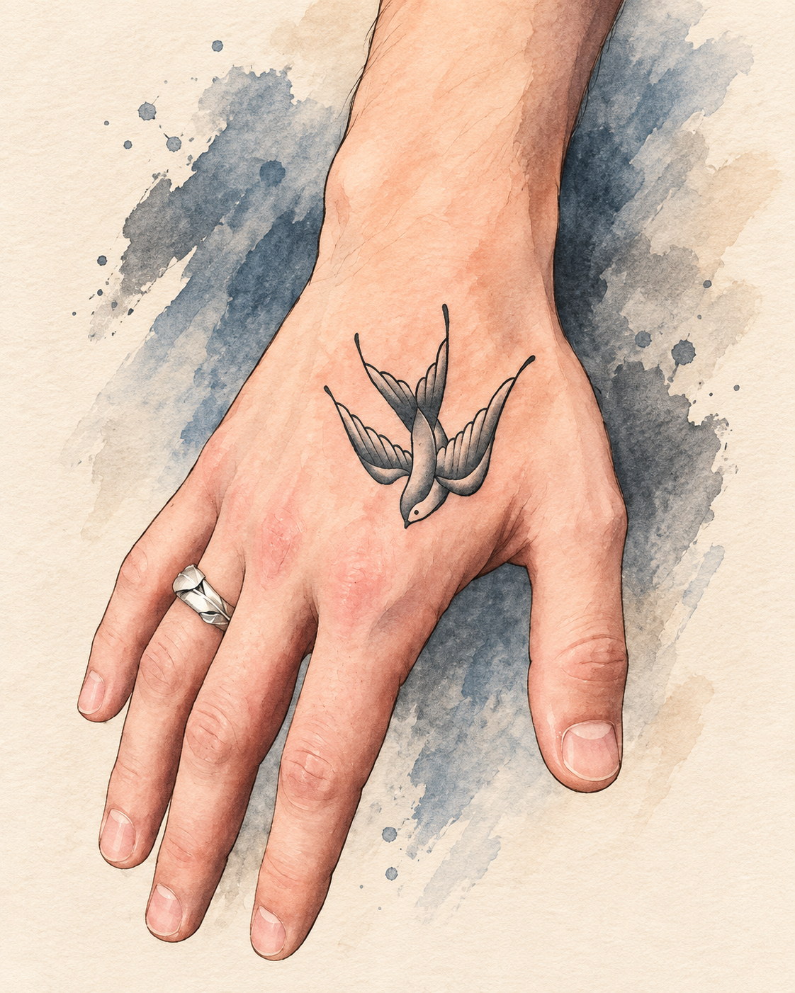 AI-generated watercolor illustration of a spread-wing swallow tattoo on an anonymous right hand.