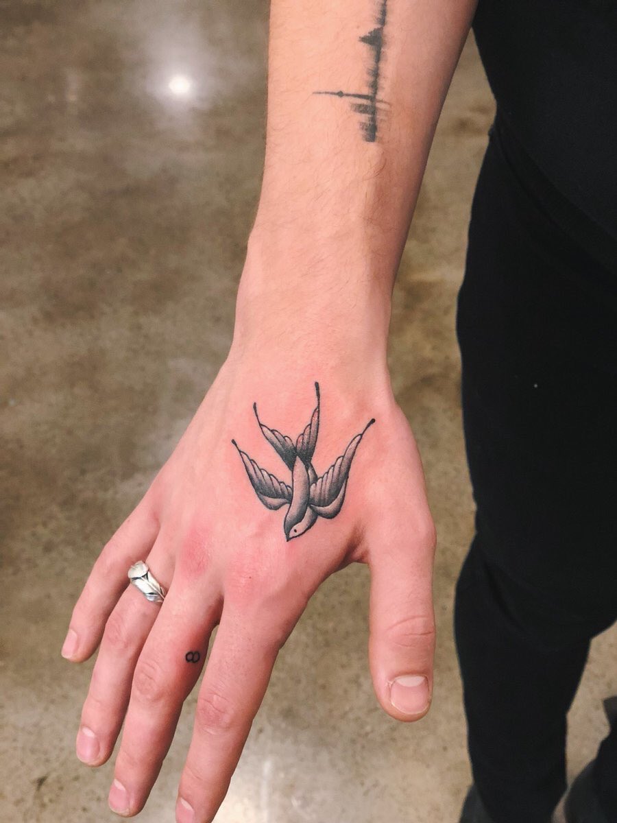 Close view of Shawn Mendes's right hand showing the complete swallow tattoo and part of his forearm