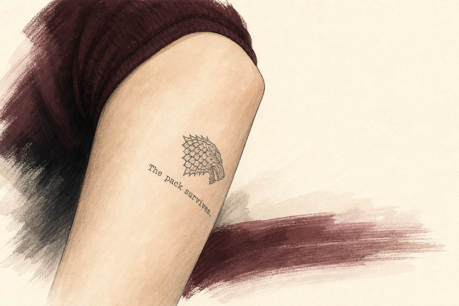 An AI-generated ink-and-gouache editorial illustration of an anonymous forearm carrying a small direwolf-and-script tattoo.