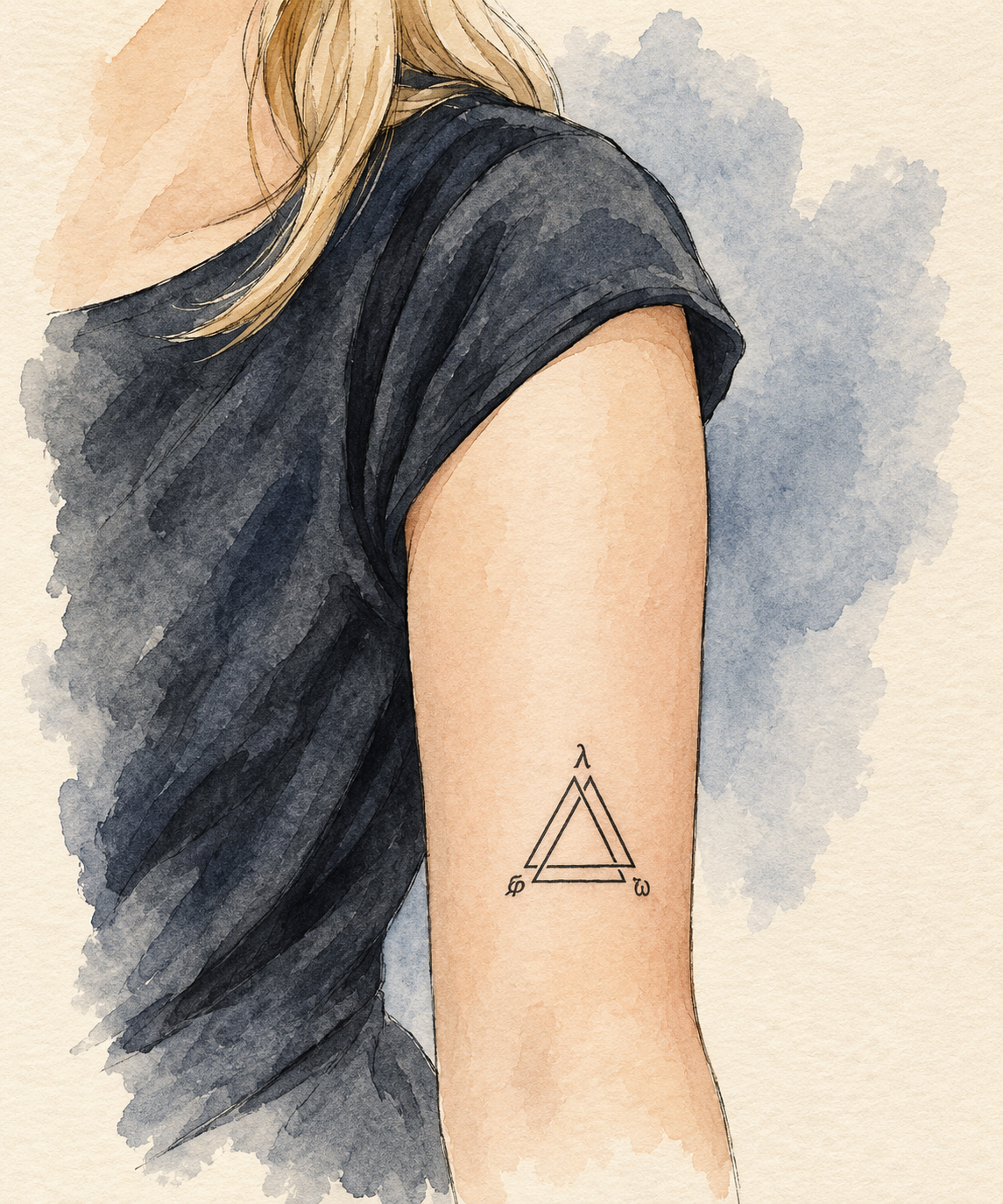 AI-generated watercolor illustration of a left upper arm with a small interlocking triangle tattoo.