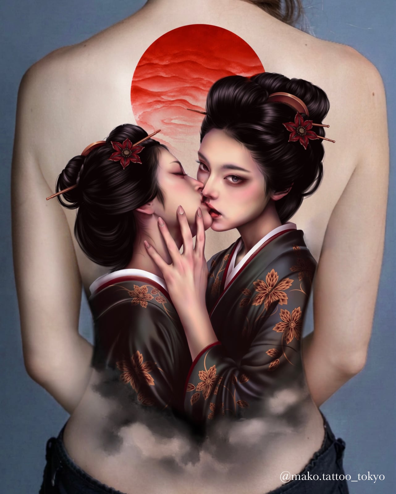 Makoの和彫りのゲイシャとサンのタトゥー