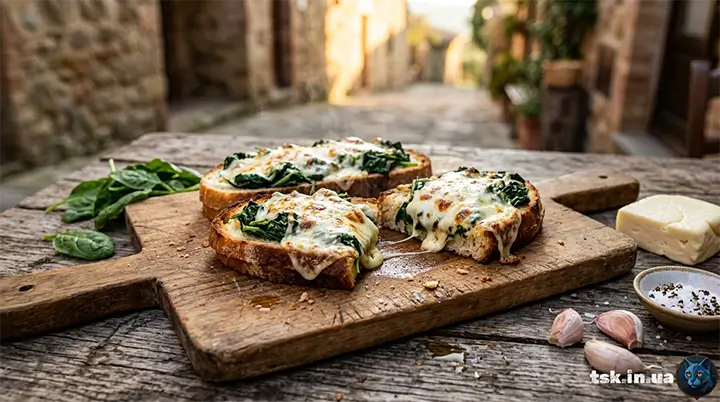 Гарячі бутерброди з сиром і шпинатом в духовці