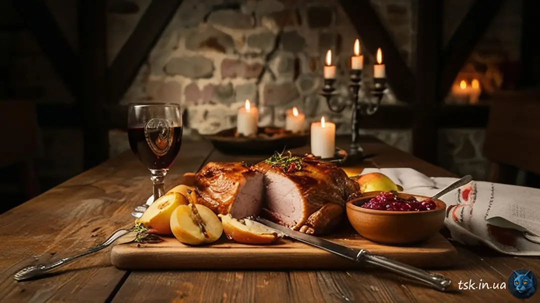 Запечена качка з яблуками та журавлиним соусом 