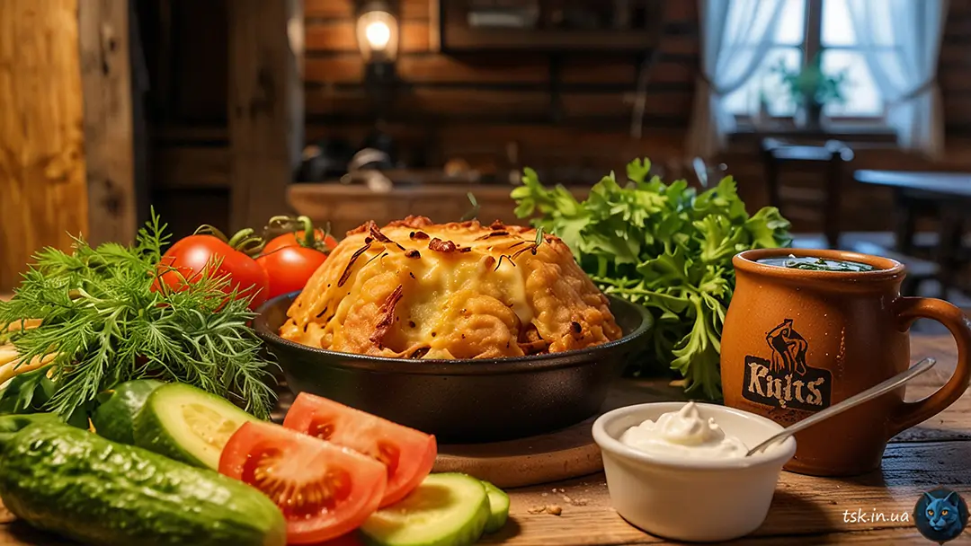 Картопляна бабка з цибулею та шкварками 