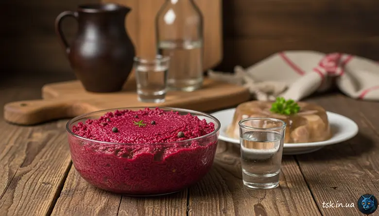 Фотографія страви під назвою Холодна овочева закуска з буряка та хріну — класика Східної Європи