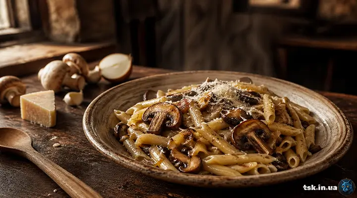 Макарони з грибами на сковороді