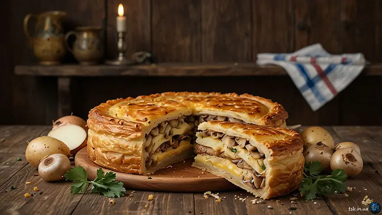 Фотографія страви під назвою Листковий пиріг з грибами та картоплею — французька класика