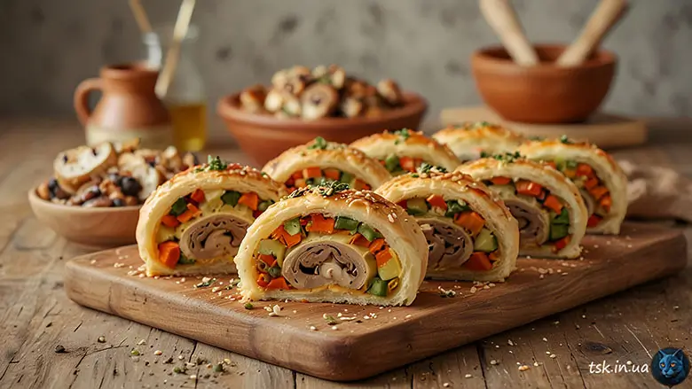 Фотографія страви під назвою Пісні рулети з листкового тіста з овочами та грибами 