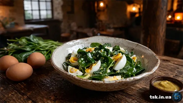 Салат зі шпинату з яйцем і гірчичною заправкою