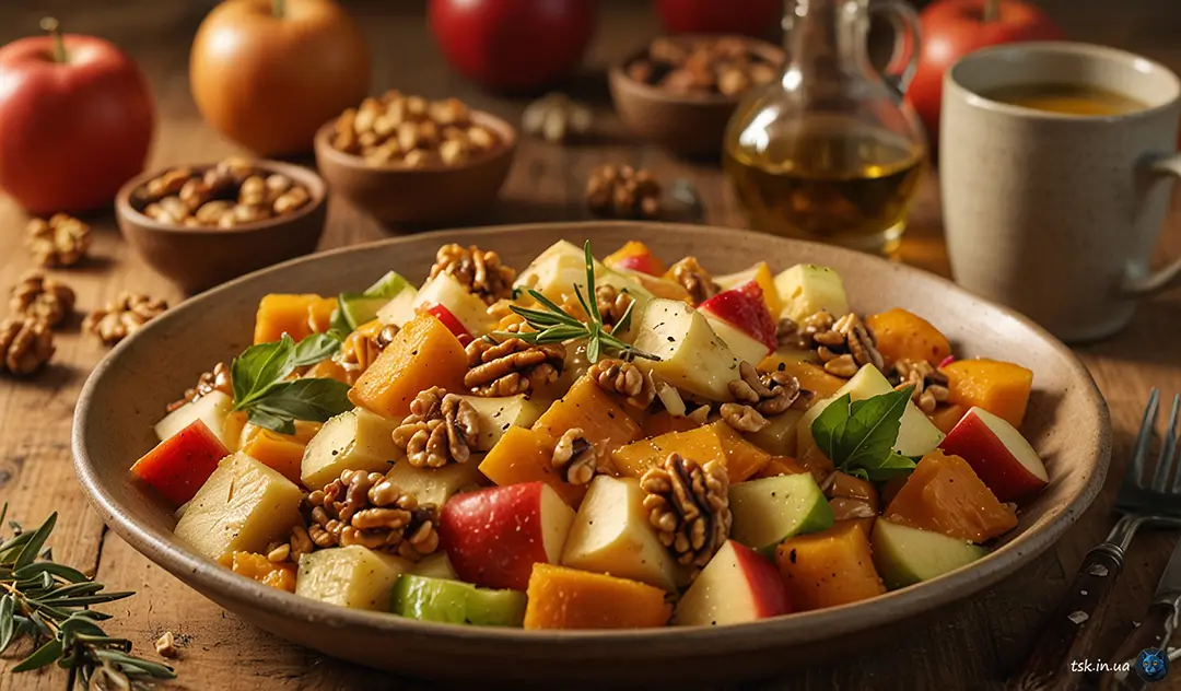 Теплий осінній салат з гарбуза, яблук і горіхів 