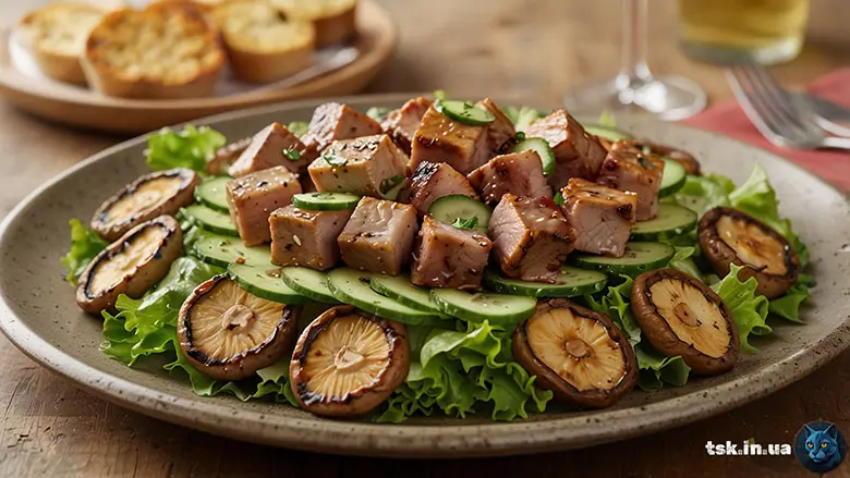 Фотографія страви під назвою Салат «Димний ліс» — свинина гриль і шиітаке