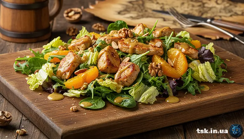 Теплий салат з індичкою та апельсином у медово гірчичній заправці
