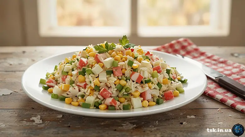 Фотографія страви під назвою Домашній салат з крабовими паличками, рисом і кукурудзою