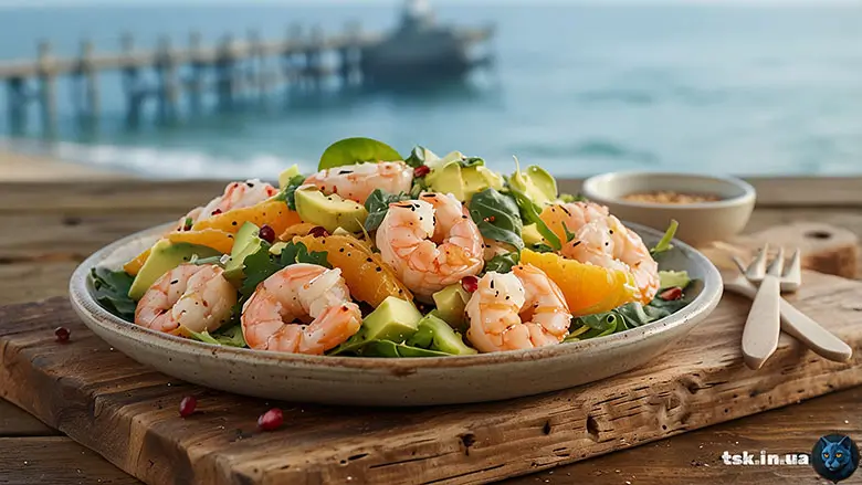 Фотографія страви під назвою Салат із креветками й авокадо під цитрусовим соусом