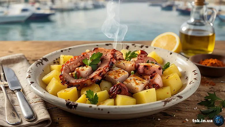 Фотографія страви під назвою Салат із восьминогом і картоплею по-іспанськи – теплий салат з морепродуктів