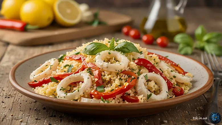 Фотографія страви під назвою Салат з кальмарами, печеним перцем і кускусом — осінній смак моря