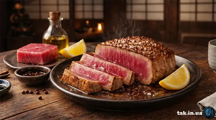 Стейк з тунця на сковороді з рубіновою середино