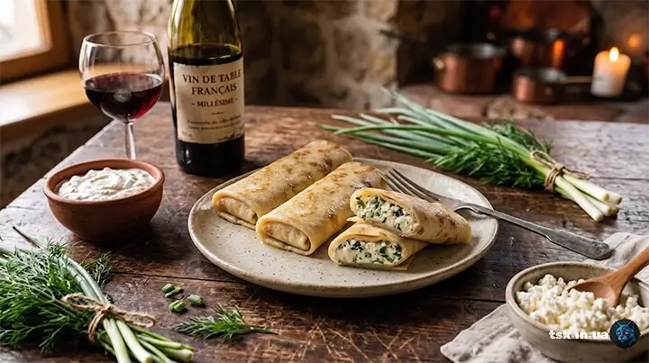 Тонкі млинці з ніжною сирною начинкою та свіжою зеленню