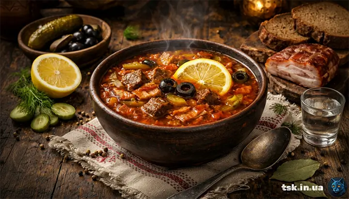 Солянка з яловичиною та копченостями по-київськи