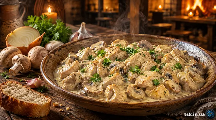 Індичка з грибами у вершковому соусі на сковороді
