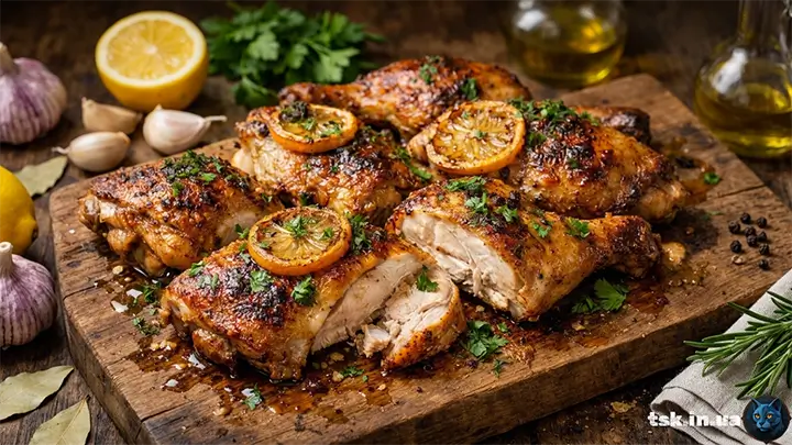 Соковита курка з лимоном і зеленню в духовці