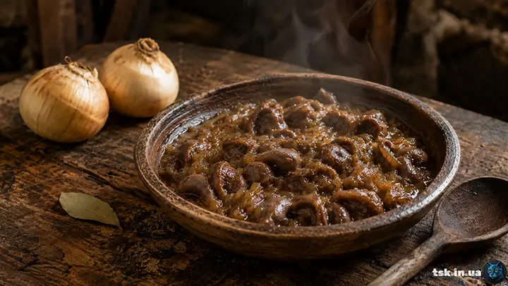 Курячі шлунки з цибулею на сковороді