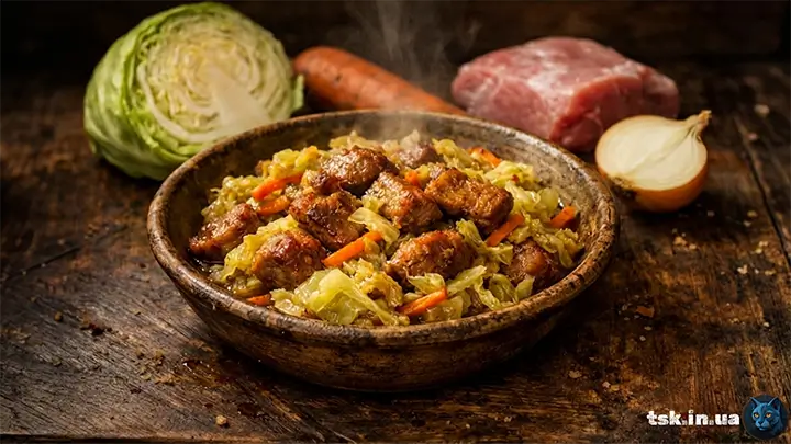 Свинина тушкована з молодою капустою