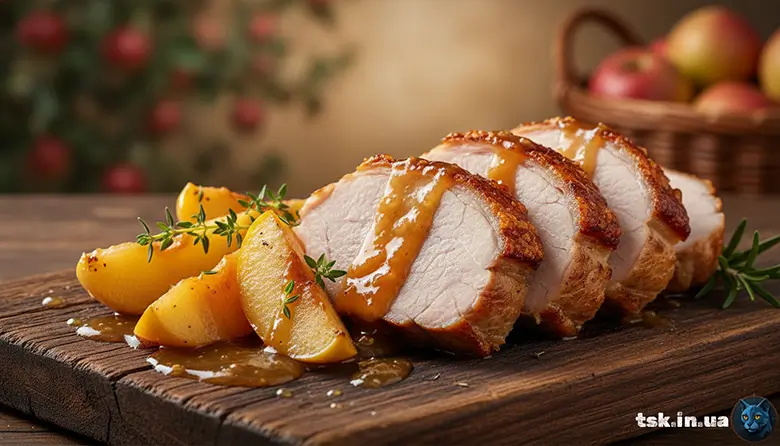 Запечена свиняча корейка з яблуками та сидром