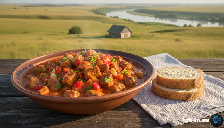 М’ясо по-угорськи – густий гуляш зі свинини і яловичини з паприкою