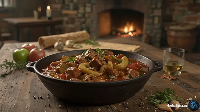 Фотографія страви під назвою Печеня з індички та свинини, яблуками й білим вином